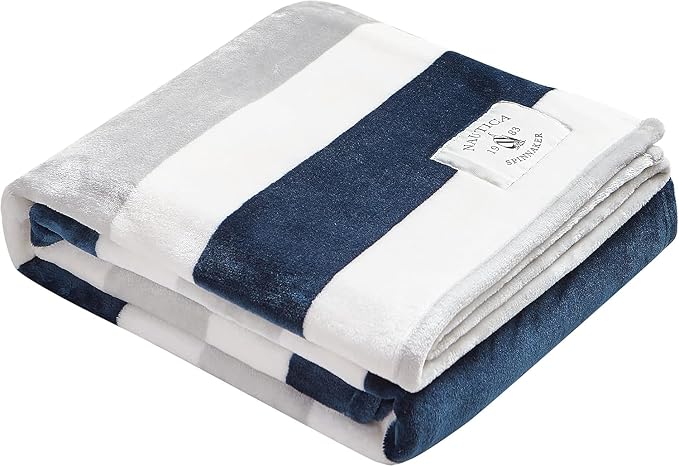 Nautica - Throw Blanket, Super Soft & Cozy Fleece Blanket, Lightweight Plush Bedding for Couch & Bed (Awning Stripe Navy, 50' x 60')
