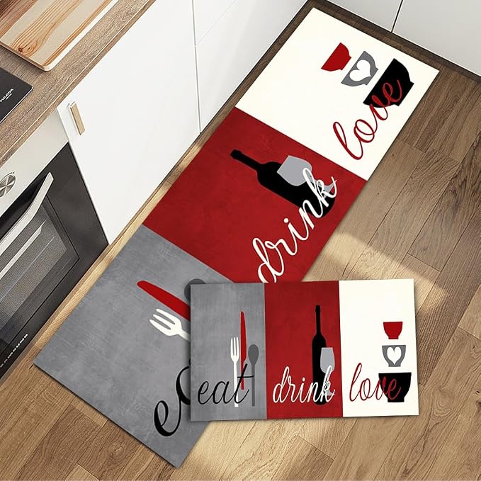 GUBIYU Set of 2 Kitchen Rugs Non Slip Red White Gray Rugs Kitchen Decor and Accessories Washable Eat Drink Love Area Rugs Motto Design Rustic Rugs for Kitchen Floor Gray Kitchen Rugs Runner Grey Mat