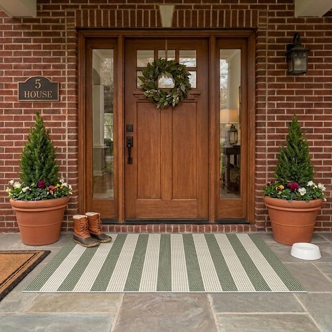 LEEVAN Outdoor Patio Rug 3x5, Washable Striped Front Porch Mat, Spring Colorful Outside Entryway Rug, Woven Welcome Doormat Green and White Buffalo Backyard Layered Mat for Entrance/Go Away/Deck