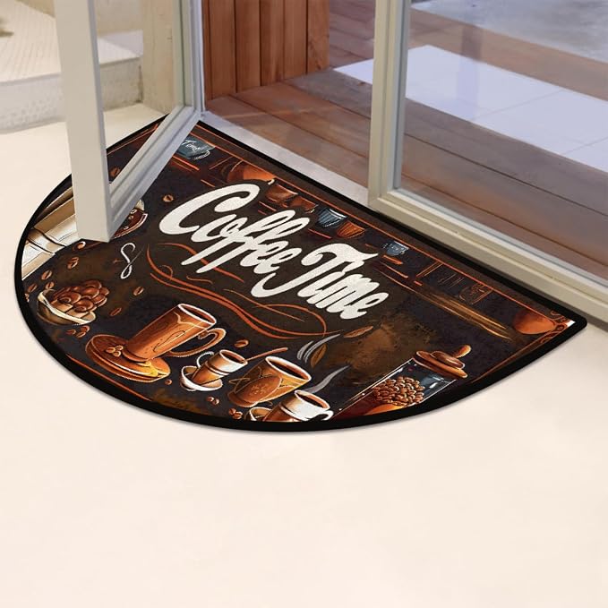 Pardick Coffee Design Art Half Round Doormat Semi Circle Rug Non Slip Indoor Outdoor Entrance Half Moon Rug Absorbent Durable Washable Front Floor Mat for Kitchen Bathroom Patio Fireplace