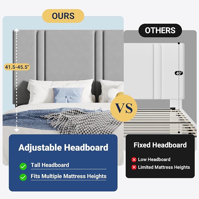 Allewie King Size Platform Bed Frame with Adjustable Headboard | Plush Velvet Upholstered, Vertical Channel Tufted, Sturdy Wood Slats, No Box Spring Needed, Easy Assembly, Grey