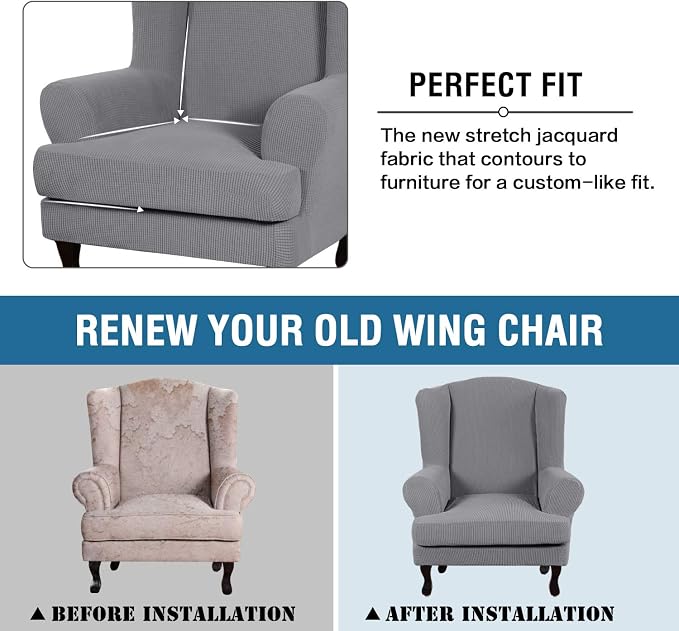 H.VERSAILTEX 2 Piece Stretch Jacquard Wingback Chair Covers Slipcovers Wing Chair Covers (Base Cover Plus Seat Cushion Cover) Furniture Covers for Wingback Chairs, Form Fitted Thick Soft, Dove