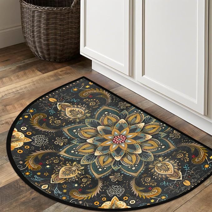 cfpolar Half Round Door Mat Ethnic Mandala Boho Flowe Non-Slip Semi Circle Area Rug Washable Half Moon Hearth Rugs for Indoor Outdoor Bathroom Kitchen Patio Runner Mat Laundry Room Home Decoration