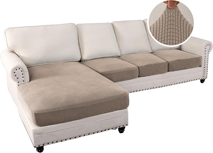 H.VERSAILTEX Sectional Couch Covers 4 Pieces Sofa Seat Cushion Covers L Shape Separate Cushion Couch Chaise Cover for Both Left/Right Sectional Couch (Seat Only: 1 Chaise + 3 Sofa, Sand)
