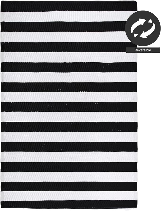 FH Home Outdoor Camping Rug - Waterproof, Fade Resistant, Reversible - Premium Recycled Plastic - Striped - Large Patio, Deck, Sunroom, RV - Brittany Stripe - Black & White - 9 x 12 ft Foldable