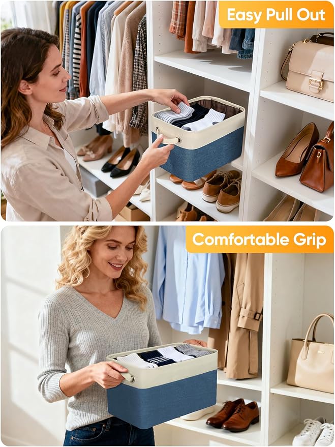 BALEINE 3 Pack Fabric Closet Storage Bins for Shelves, Linen Closet Organizers and Storage, Decorative Baskets for Organizing, Shelf, Clothes, Home, Office (Navy Blue, 15"x11"x9.5")