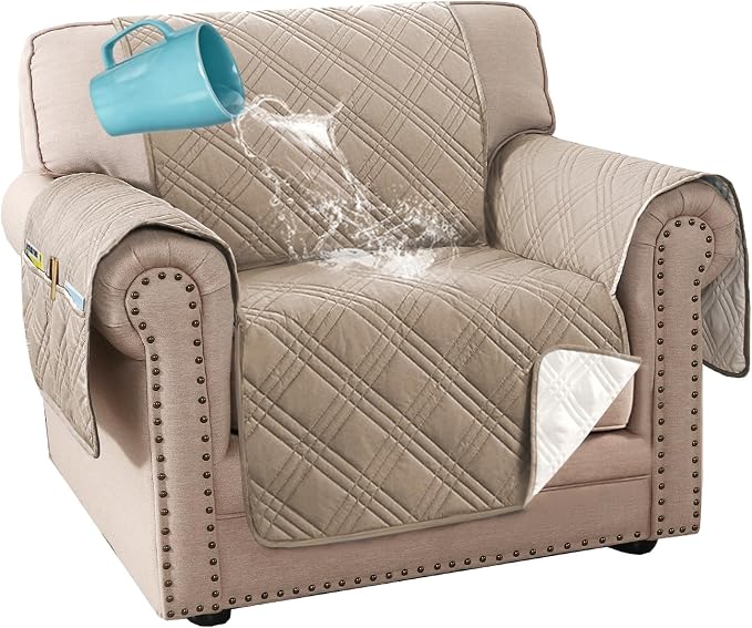 H.VERSAILTEX 100% Waterproof Chair Covers with Arms Modern Chair Seat Covers Thick and Soft Armchair Cover with Elastic Straps(Chair, Taupe/Beige