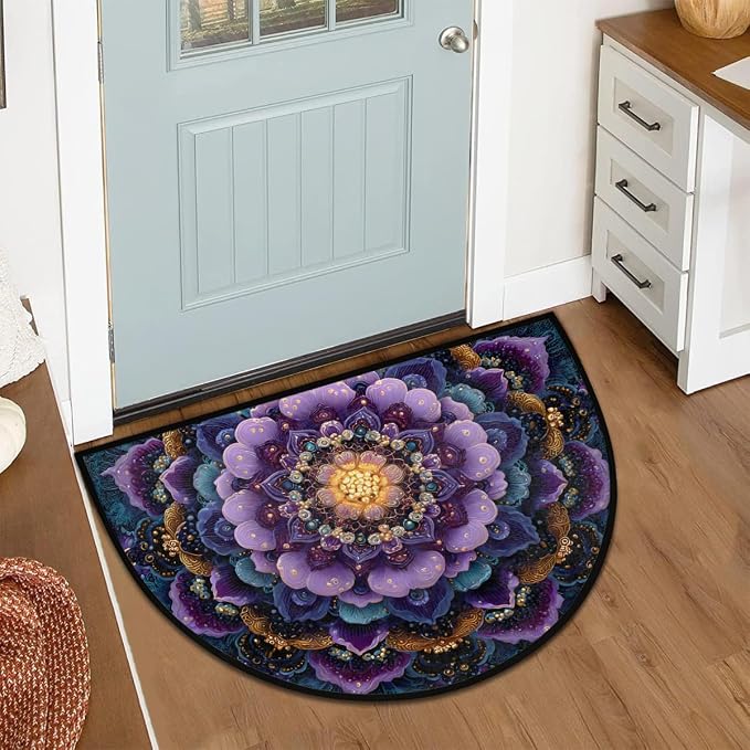 Mandala Purple Galaxy Half Round Door Mat Non-Slip Semi Circle Rug Washable Half Moon Floor Rug Absorbent Bathroom Area Rugs for Outdoor Indoor Fireplace Mat Entryway Kitchen Decor Rugs