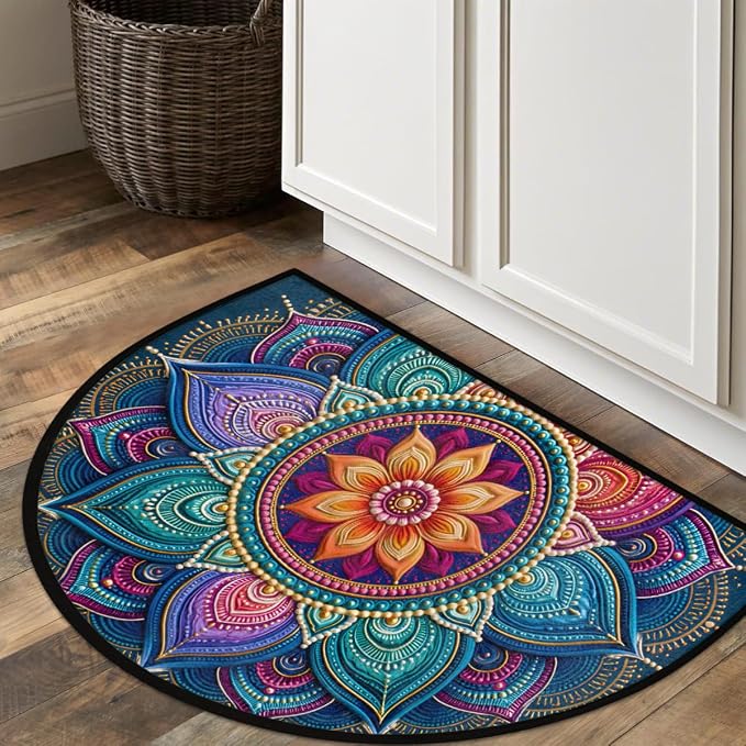 Mandala Half Round Door Mat Semi Moon Rug Fireplace Carpet Area Rugs | Ethnic Color Non Slip Absorbent Half Circle Mat Carpet for Indoor Outdoor Patio Kitchen Bathroom Entryway Home Decor