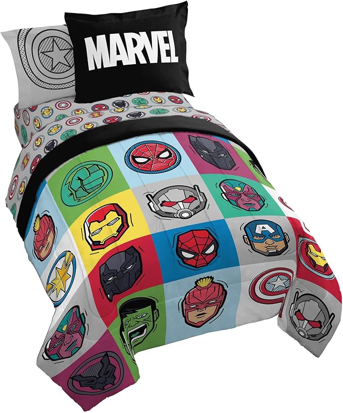 Marvel Avengers Iron Man Twin Comforter Set 5 Piece Kids Bedding, Multi | Hulk Captain America Thor, Bed in a Bag, Comforter Sheets Sham Pillowcase, Soft Microfiber, Machine Washable, Boys Gift