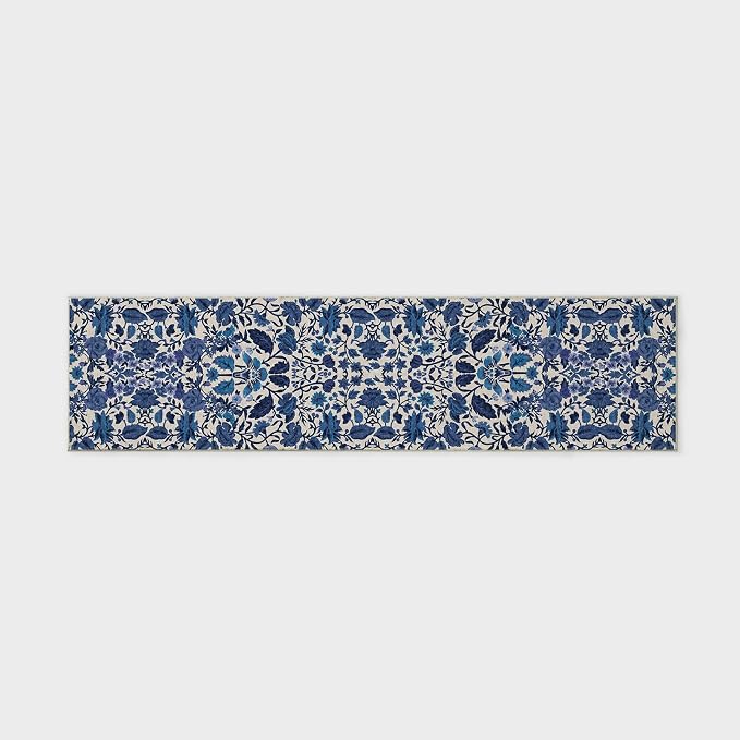EVERGRACE Hallyway Area Runner Rugs 2x8, Boho Floral Faux Wool Indoor Outdoor Rugs, Washable Rugs for Bedroom Dining Room Living Room Kitchen, Low Pile Floor Mat Carpet for Home Decor, Celtic Blue