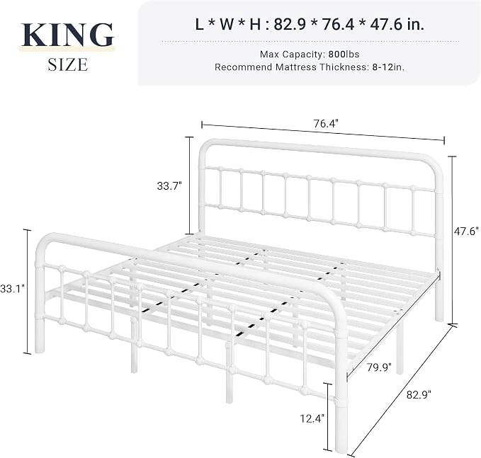 Allewie King Metal Bed Frame with Victorian Iron-Art Headboard, White | Victorian Style Wrought Iron-Art Headboard/Footboard, Easy Assembly, Under Bed Storage, No Box Spring Required