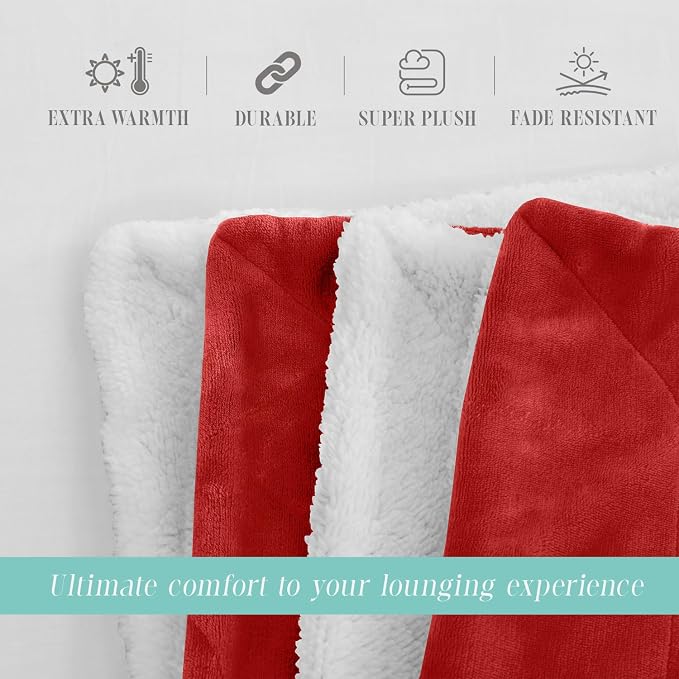 Elegant Comfort Throw Blanket, Reversible Sherpa Flannel, Ultra-Soft, Fuzzy, Cozy and Plush- All Season Lightweight Decorative Throw, 50 x 60 inches, Solid Sherpa Throw, Red