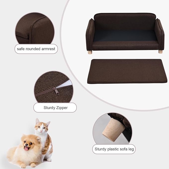 Big Sized Dog Bed -Wooden Frame Pet Sofa Couch, Washable Cushion Cat Couch, Linen Fabric Dog Sofa and Chair for Medium Pet Rest. (Brown)