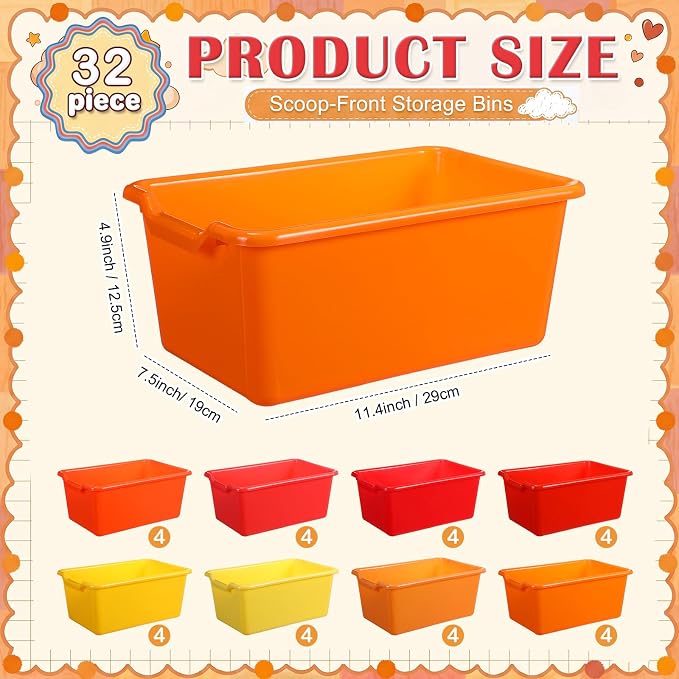 Dandat 32 Pcs Plastic Book Bins for Classroom Library Cubby Bins Scoop Front Stackable Toy Storage Tubs Containers for School Office Home Nursery Playroom Organization (Bright Color)