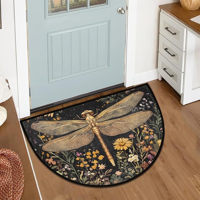 Dragonfly Half Round Door Mat Outdoor Doormat Bedroom Entrance Rug A20 | Dragonfly Flower Floral Semi Moon Door Mat Non-Slip Absorbent Kitchen Rug Indoor Welcome Bath Mat 36" X 24"