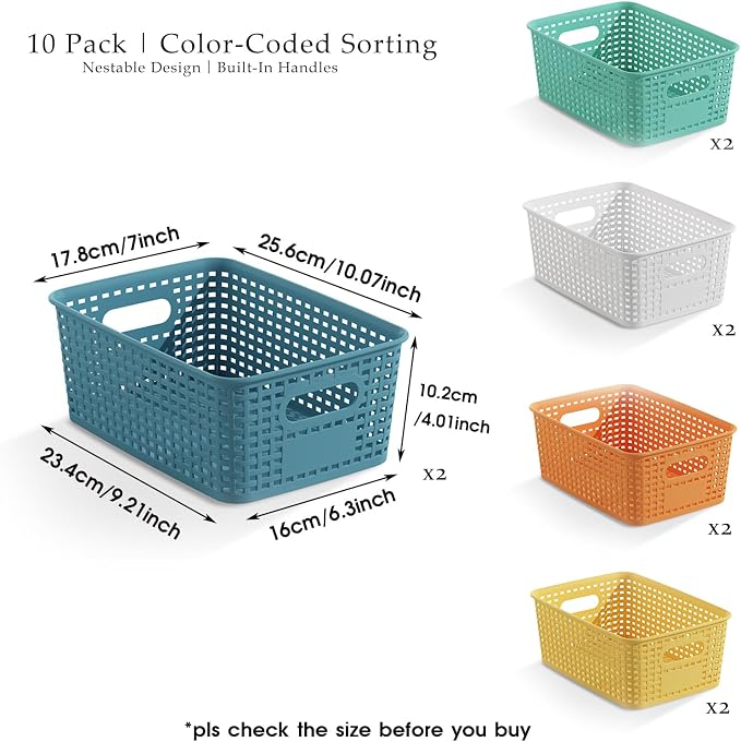 ORGIDOL Colorful Plastic Storage Baskets Bins for Home Organizing, 10 Pack | Space-Saving Storage Container with Handles, Multi-Purpose Storage Box, for Cabinet, Shelve, Countertop, Closet, Classroom