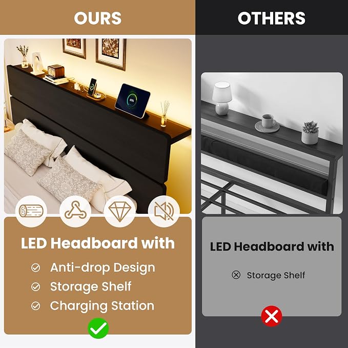 SHA CERLIN King Size Bed Frame, Led Light, Charging Station, Storage Shelf | Wooden Headboard, Heavy Duty Slats Support, Metal Platform Bed, Under Bed Storage, No Box Spring Needed, Noise Free, Black