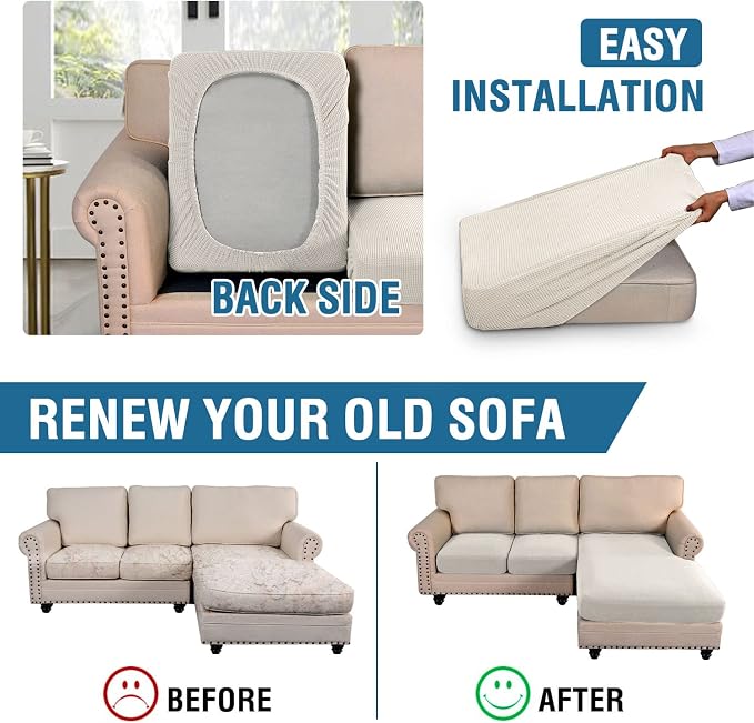 H.VERSAILTEX Sectional Couch Covers 3 Pieces Sofa Seat Cushion Covers L Shape Separate Cushion Couch Chaise Cover for Both Left/Right Sectional Couch (Seat Only: 1 Chaise + 2 Sofa, Ivory)