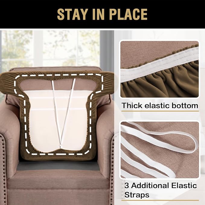 H.VERSAILTEX Stretch Velvet T Cushion Chair Covers for Living Room Armchair Sofa Cover Couch Cover Slipcover T Cushion Seat Cover Stay with Elastic Bands (Armchair, Bronze Brown)