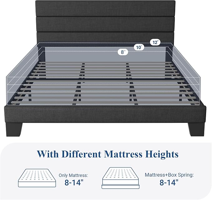 Allewie King Size Platform Bed Frame with Fabric Upholstered Headboard Gray | Wooden Slats Support, Fully Upholstered Mattress Foundation, No Box Spring Needed, Easy Assembly, Noise-Free, Dark Grey
