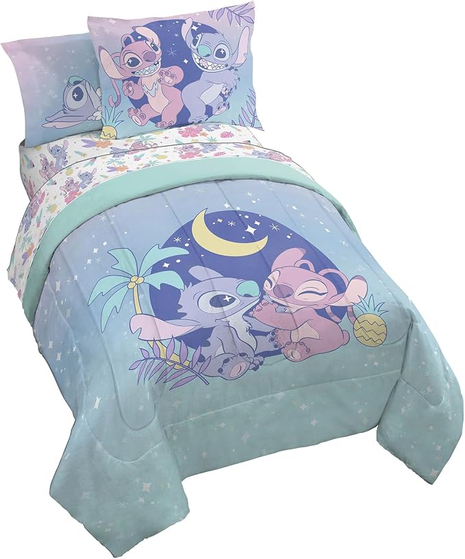 Disney Lilo & Stitch Twin Comforter Set, 5 Pc Bed in a Bag, Reversible | Stitch & Angel, Super Soft Microfiber, Machine Washable, All Season Kids Girls Bedding (Officially Licensed)