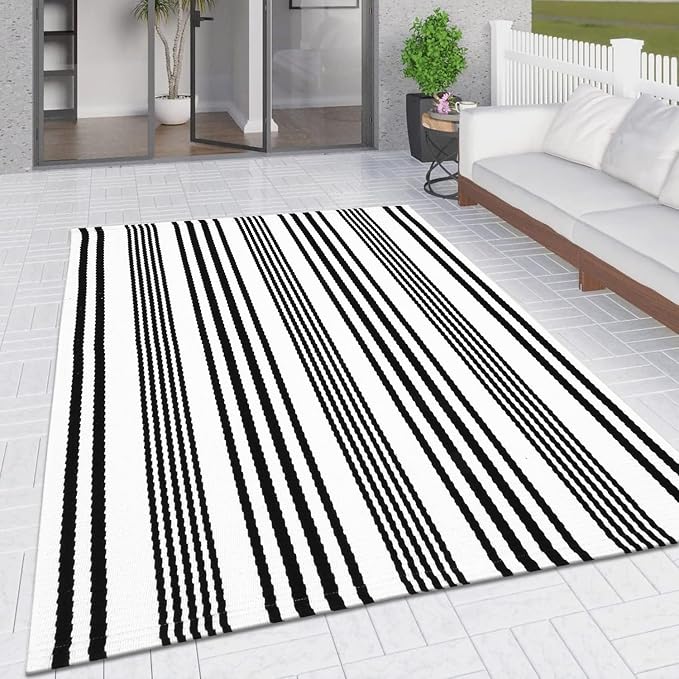 LEEVAN 5'X8' Black and White Striped Woven Cotton Reversible Outdoor Rug | Machine Washable Front Porch Rug, Entryway Door Mat, Indoor Layering Carpet for Balcony Farmhouse Laundry Patio