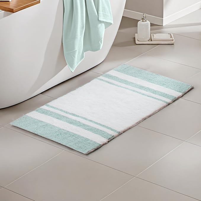 Madison Park Reversible Spa Cotton Bath Rug 100%-Cotton Striped Ultra Soft Water Absorbent, Fast Drying, Bath-Mats, Non-Slip Absorbent Quick Dry Mats for Tub, Shower Room, and Bathroom, 20x30, Aqua | Quick Dry, Ultra Soft, Pile, Machine Washable, Plush...