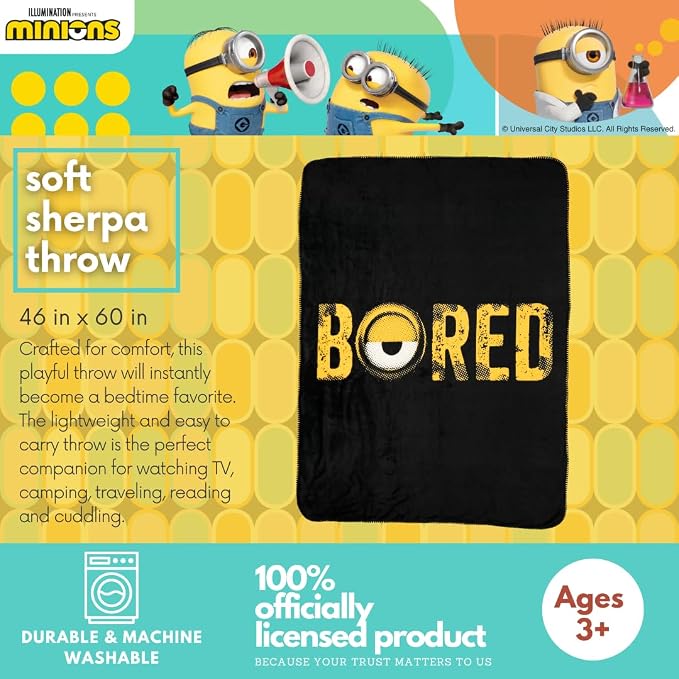 Minions Kids Bedding Soft Plush Sherpa Blanket Throw, 46 in x 60 in, (Officially Licensed Product) by Franco