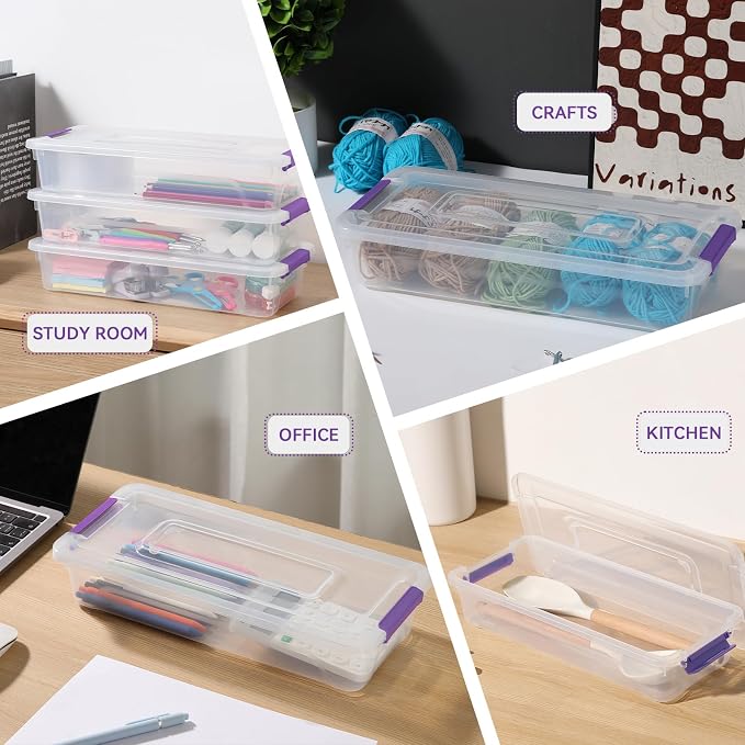 novelinks 4 Quart Clear Plastic Storage Containers with Lids (8 Pack) | Storage Bins with Lids, Stackable Small Clear Bins, Craft Storage Box, Paper Storage, Under Bed Storage Bins, Pencil Box