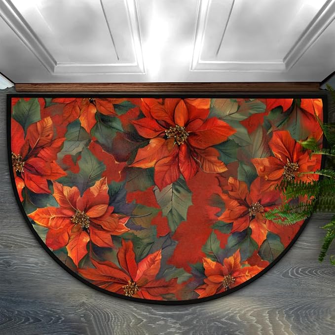 cfpolar Half Round Door Mat Christmas Poinsettia Semi Circle Non-Slip Bathroom Floor Rug, Outdoor Welcome Entrance Way Mat Indoor Absorbent Kitchen Mat for Bathroom,Garage,Bedroom 36" x 24" A-15