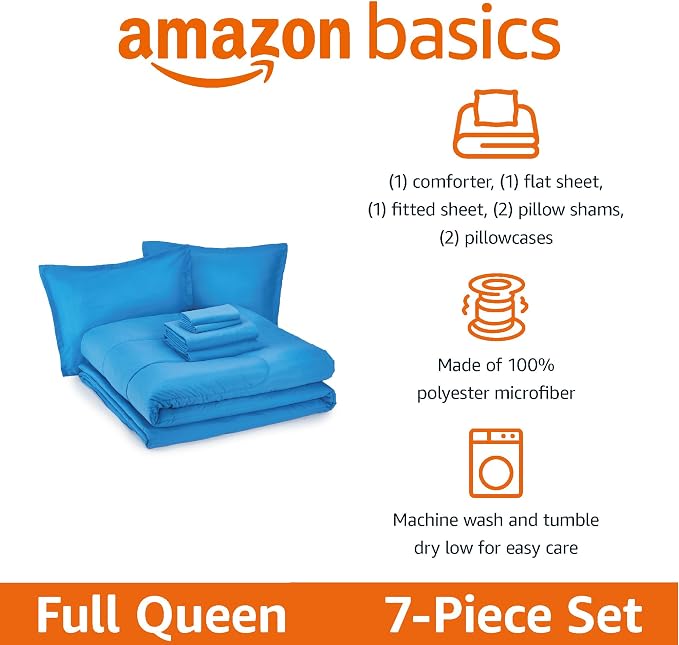 Amazon Basics 7-Piece Soft, Easy-Wash Microfiber Kid's Bed-in-a-Bag Bedding Set with Sheet and Comforter, Full/Queen, Blue, Soft Solid