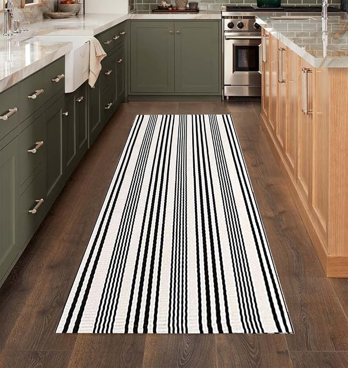 BUAGETUP Black and White Striped Hand-Woven Cotton Runner Rug 2x6ft Machine Washable Indoor Outdoor Doormat for Front Porch Entryway Rug
