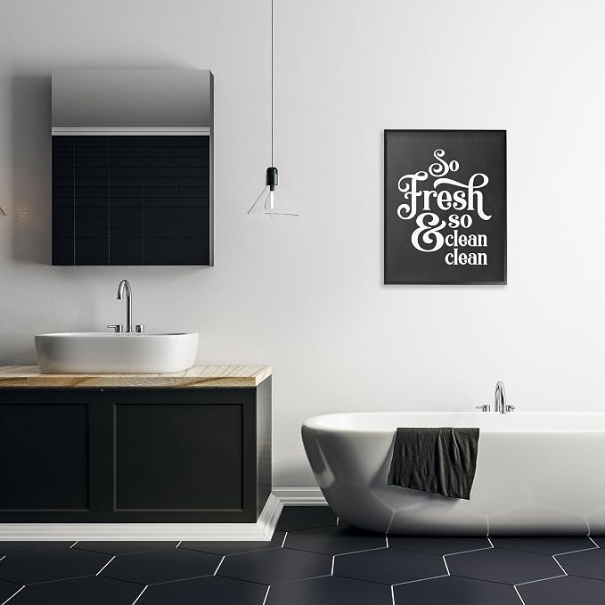 Stupell Industries So Fresh So Clean Laundry Phrase Vintage Typography, Designed by Lettered and Lined Black Framed Wall Art, Grey
