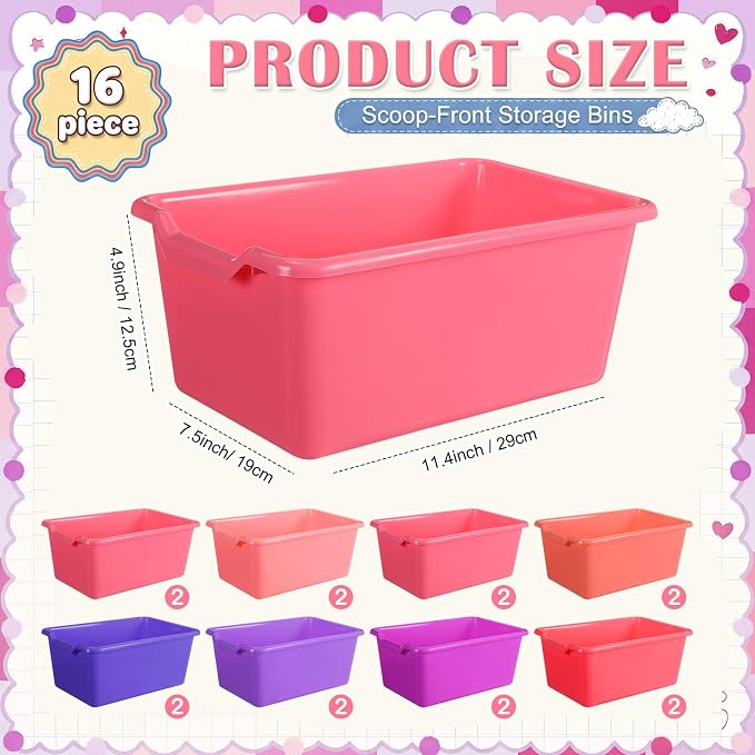 Dandat 32 Pcs Plastic Book Bins for Classroom Library Cubby Bins Scoop Front Stackable Toy Storage Tubs Containers for School Office Home Nursery Playroom Organization (Pink Series)