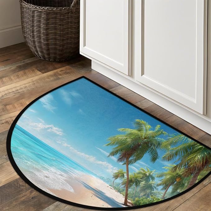 Summer Beach Half Round Door Mat Semi Moon Rug Fireplace Carpet Area Rugs | Summer Beach Non Slip Absorbent Half Circle Mat Carpet for Indoor Outdoor Patio Kitchen Bathroom Entryway Home Decor