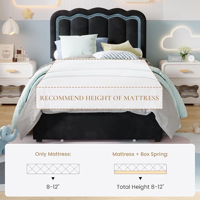 SHA CERLIN Twin Size Bed Frame with LED Lights and Storage Drawer, Black | Upholstered Velvet Platform Bed with Adjuatable Wavy Headboard, Noise-Free, Easy Assembly,No Box Spring Needed