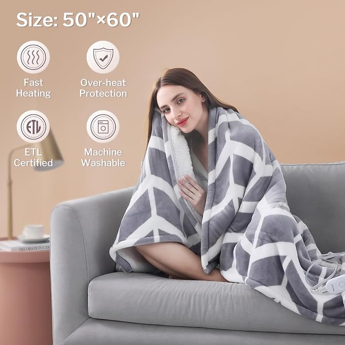 Heated Throw Blanket, 5 Heat Levels & 3 Hours Auto Off, Grey | ETL & FCC, fast warming, 50" x 60", flannel and sherpa, couch office use, machine washable, removable controller