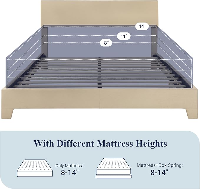 Allewie Queen Size Upholstered Bed Frame Adjustable Headboard, Beige | Platform Bed with Heavy Duty Mattress Foundation, Noise-Free, Easy Assembly, Wood Slat Support, No Box Spring Needed