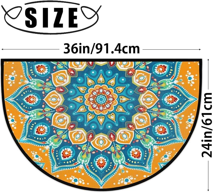 cfpolar Half Round Door Mat Semi Circle Non-Slip Bathroom Floor Rug, Ethnic Mandala Outdoor Welcome Entrance Way Mat Indoor Absorbent Kitchen Mat for Bedroom,Patio,Garage,Home 36" x 24"