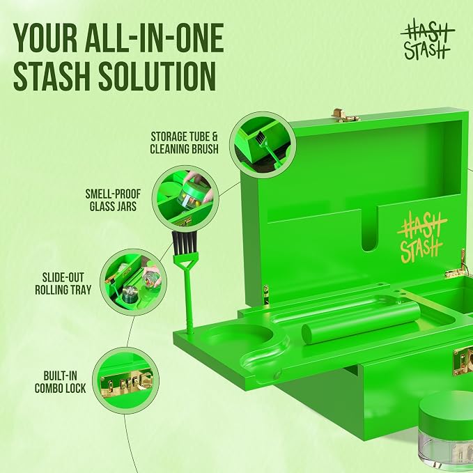 HASHSTASH The OG Storage Box - Large Bamboo Box with Combination Lock, Magnetic Lid, Organizer Tray, Airtight Tube and 3 Jars - Discreet Decorative Locking Wooden Box with Accessories (Neon Green)