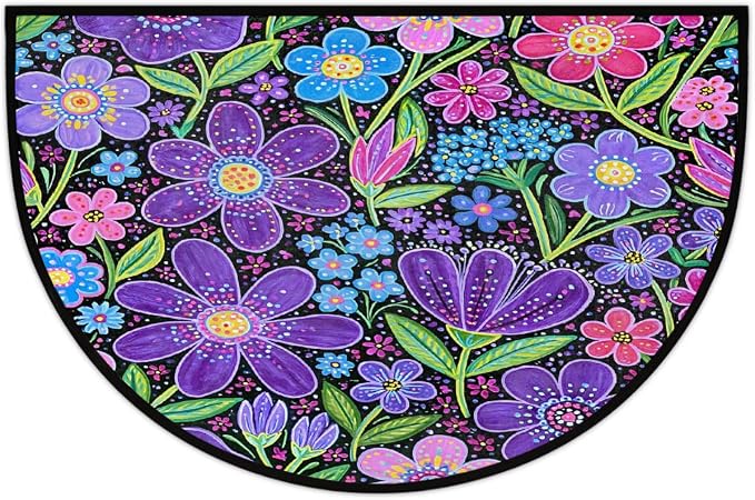 Daisy Half Round Door Mat Semi Circle Rug Half Moon Doormat | Soft Washable Colorful Purple Welcome Entrance Mat for Outdoor Indoor Floor Bedroom Bathroom Home Kitchen Festival Decor