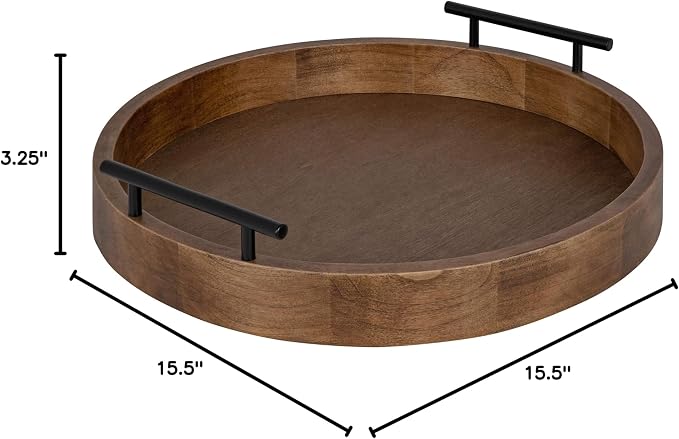 Kate and Laurel Lipton Modern Round Wood Tray, 15.5" Diameter, Rustic Brown with Black Handles, Decorative Accent Tray for Storage and Display