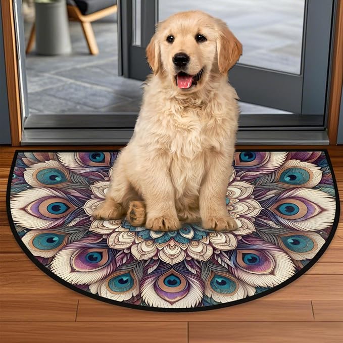 Ethnic Half Round Doormat Semi Circle Rug Half Moon Rug Entryway Mat | Mandala Peacock Washable Non Slip Outdoor Floor Rug Kitchen Mat for Indoor Outdoor Bathroom Fireplace Bath Decor