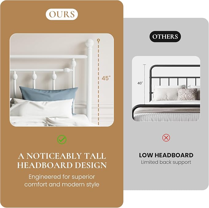 SHA CERLIN 14" Twin Size Metal Platform Bed Frame/Victorian Headboard and Footboard/Steel Slats Mattress Foundation for Storage/No Box Spring Needed/Noise Free/White
