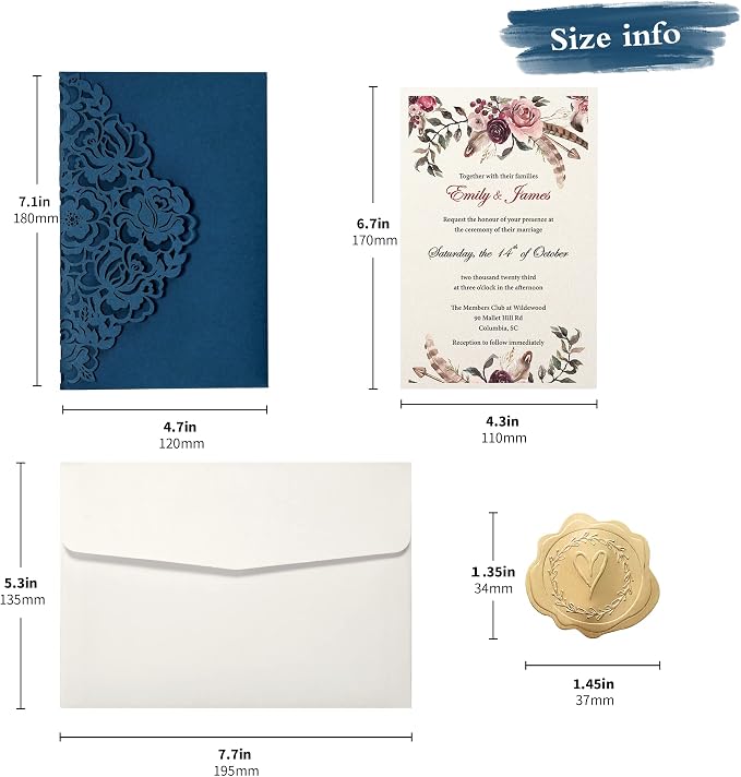 DORIS HOME 50Pcs Personalized Laser Cut Wedding Invitations, Blue | 4.7"x7.1", Customized Anniversary Invitations, With Envelopes