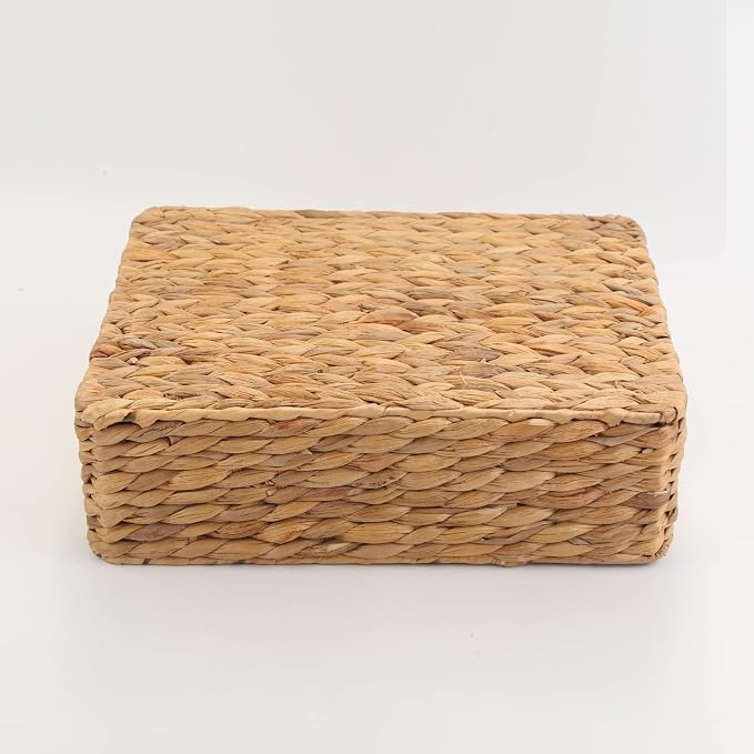 YAHUAN Water Hyacinth Storage Basket, Handwoven, 15.35L x 12W x 4.72H in, Brown | Shallow Drawer Basket With Handle Wicker basket for Shelf