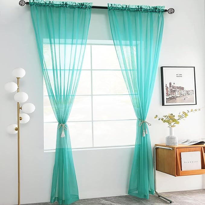 youleyar Solid Sheer Rod Pocket Curtain Voile Draperies 2 Panels White Beige Black Grey Coffee 52 Inch Width 84 Inch Long 1 Pair for Kitchen Bedroom Children Living Room Yard (Turquoise,52Wｘ84L)