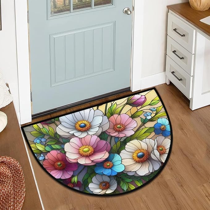 Flower Half Round Doormat Semi Circle Rug Half Moon Rug Entryway Mat | Spring Floral Washable Non Slip Outdoor Floor Rug Kitchen Mat for Indoor Outdoor Bathroom Fireplace Bath Decor