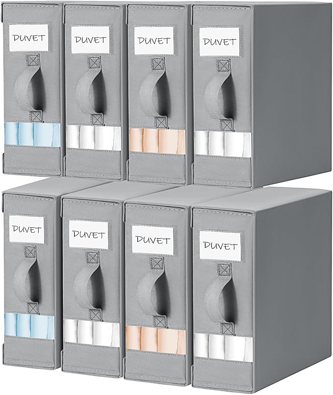 DIMJ Bed Sheet Organizers and Storage 8 Pack - Foldable Sheet Holder for Linen Bedding Storage Box for organization, Sheets Set Holder for Blanke, Towel (King & Queen Size), Grey